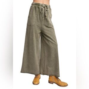 Easel Mineral Washed Terry Knit Wide Leg Palazzo Pants Gray Green